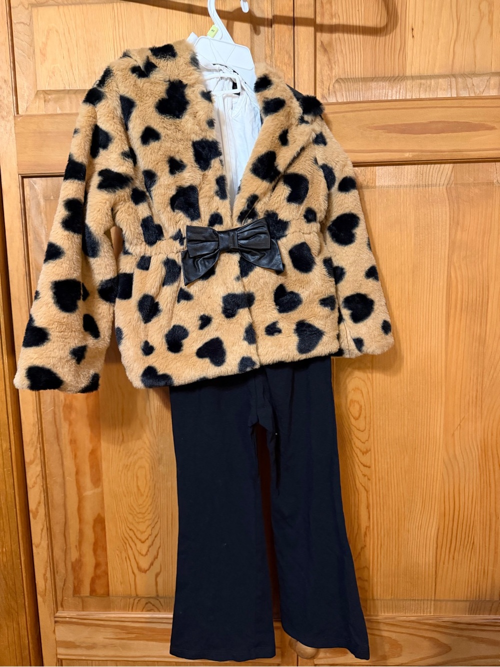 Flapdoodles Tan Faux Fur Heart-Print Jacket with Black Bow